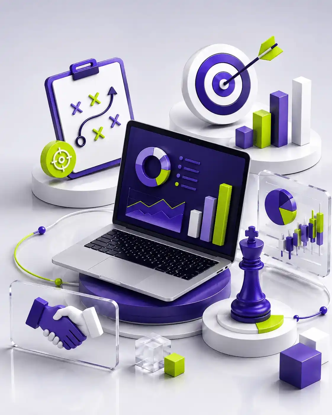 3D digital marketing strategy visual representing a digital marketing agency in Egypt focused on strategy, analytics and business growth