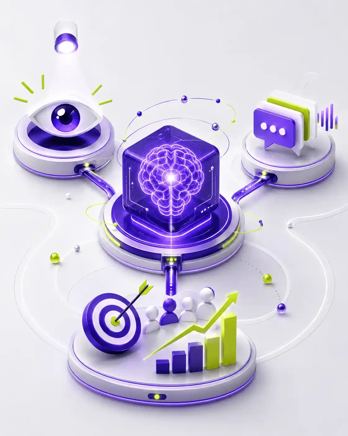 3D visual showing how a digital marketing agency helps brands build attention and achieve growth