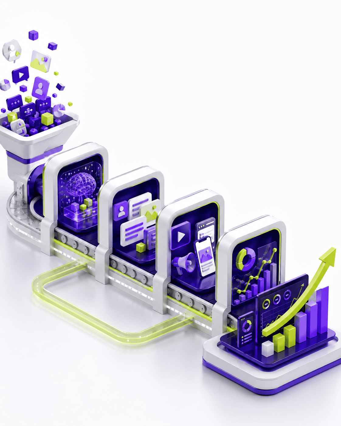 3D visual showing the process of a digital marketing agency from market analysis and strategy to channel execution, measurement and business growth
