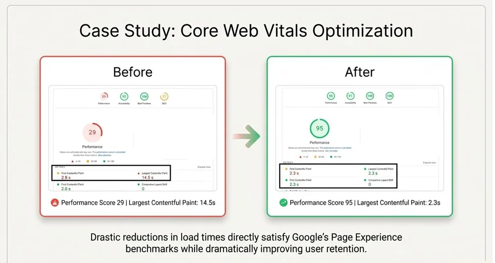 دراسة حالة لتحسين Core Web Vitals توضح ارتفاع أداء الموقع من 29 إلى 95 وانخفاض LCP من 14.5 إلى 2.3 ثانية