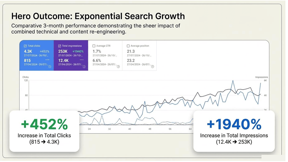 نتائج SEO لشركة تأجير سيارات في الرياض عبر Google Search Console توضح نموًا كبيرًا في النقرات ومرات الظهور