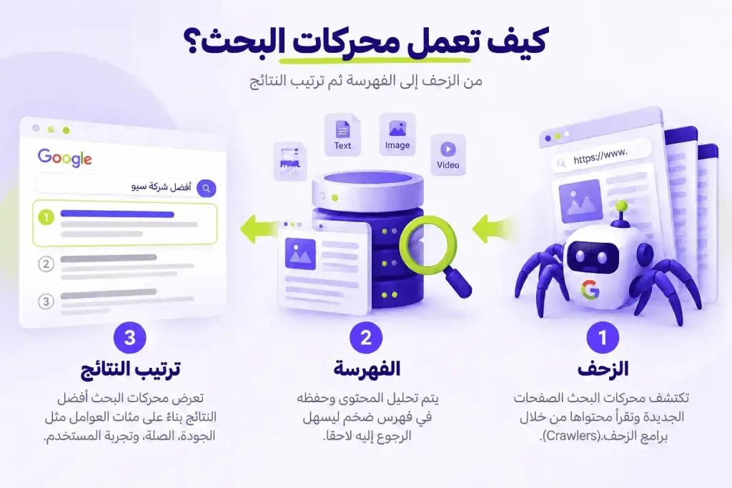 رسم توضيحي يشرح كيف تعمل محركات البحث من الزحف إلى الفهرسة ثم ترتيب النتائج