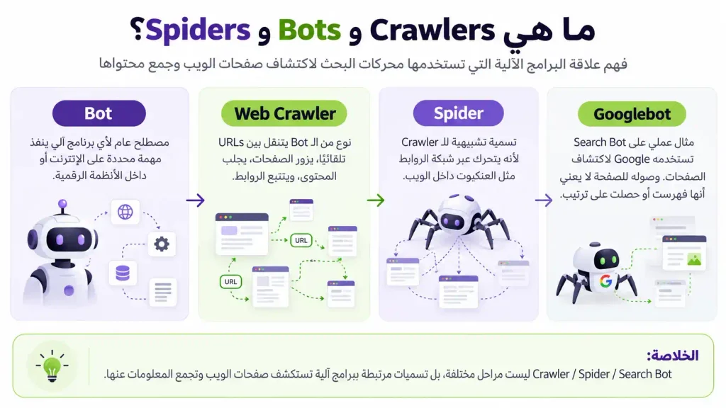 إنفوجرافيك يوضح كيف تعمل محركات البحث من خلال شرح الفرق والعلاقة بين Crawlers وBots وSpiders، مع مثال عملي على Googlebot وكيف تتنقل برامج الزحف بين صفحات الويب.