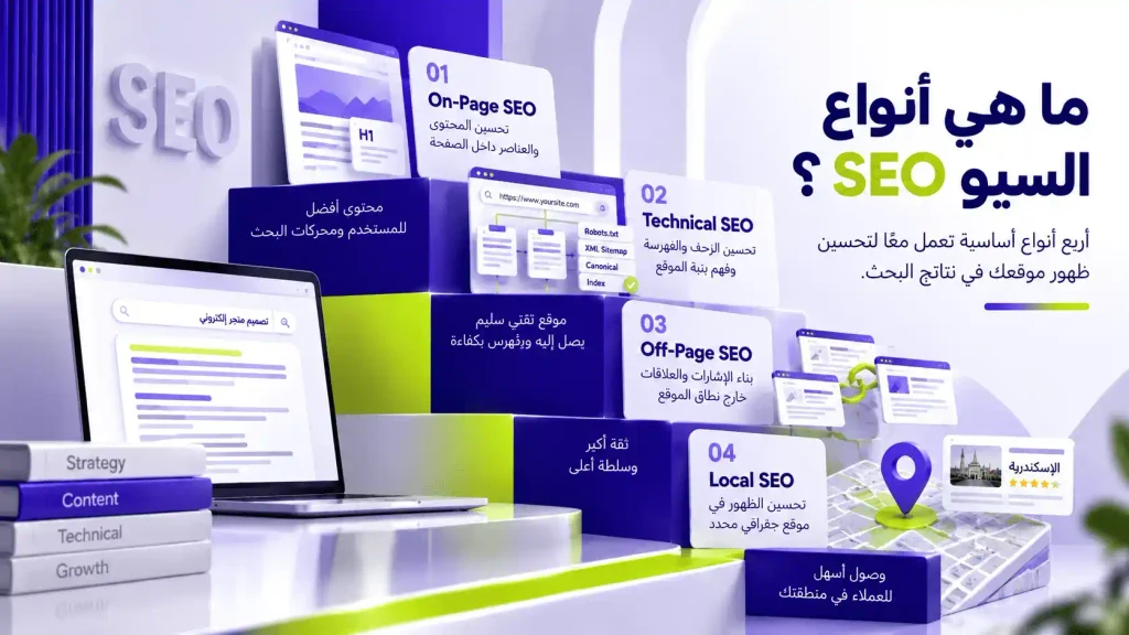 أنواع السيو SEO الأساسية وتشمل On-Page SEO وTechnical SEO وOff-Page SEO وLocal SEO
