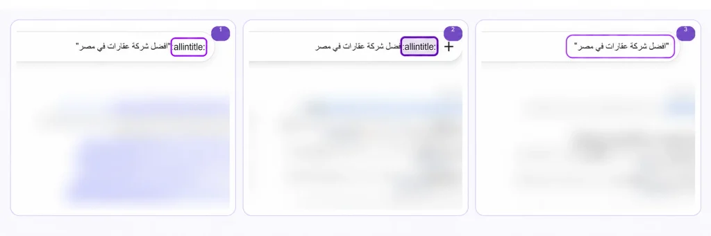 فلاتر البحث عن الكلمات المفتاحية في جوجل ثلاثة أمثلة لفلاتر البحث عن الكلمات المفتاحية في جوجل، مع تحديد الفلتر وتمويه النتائج
